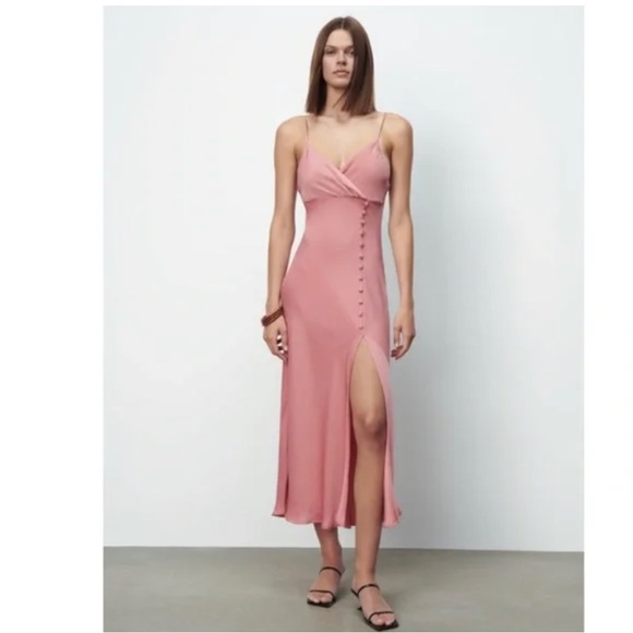 Zara Dresses & Skirts - ZARA draped camisole midi Blush pink dress spaghetti strap slip 100% viscose